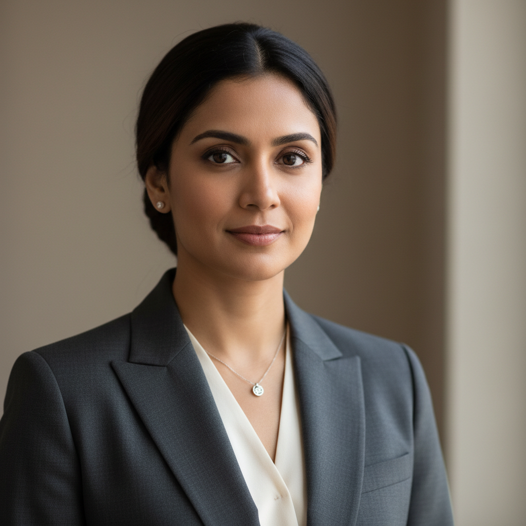 Portrait of South Asian woman herbalist in professional setting, warm neutral background
