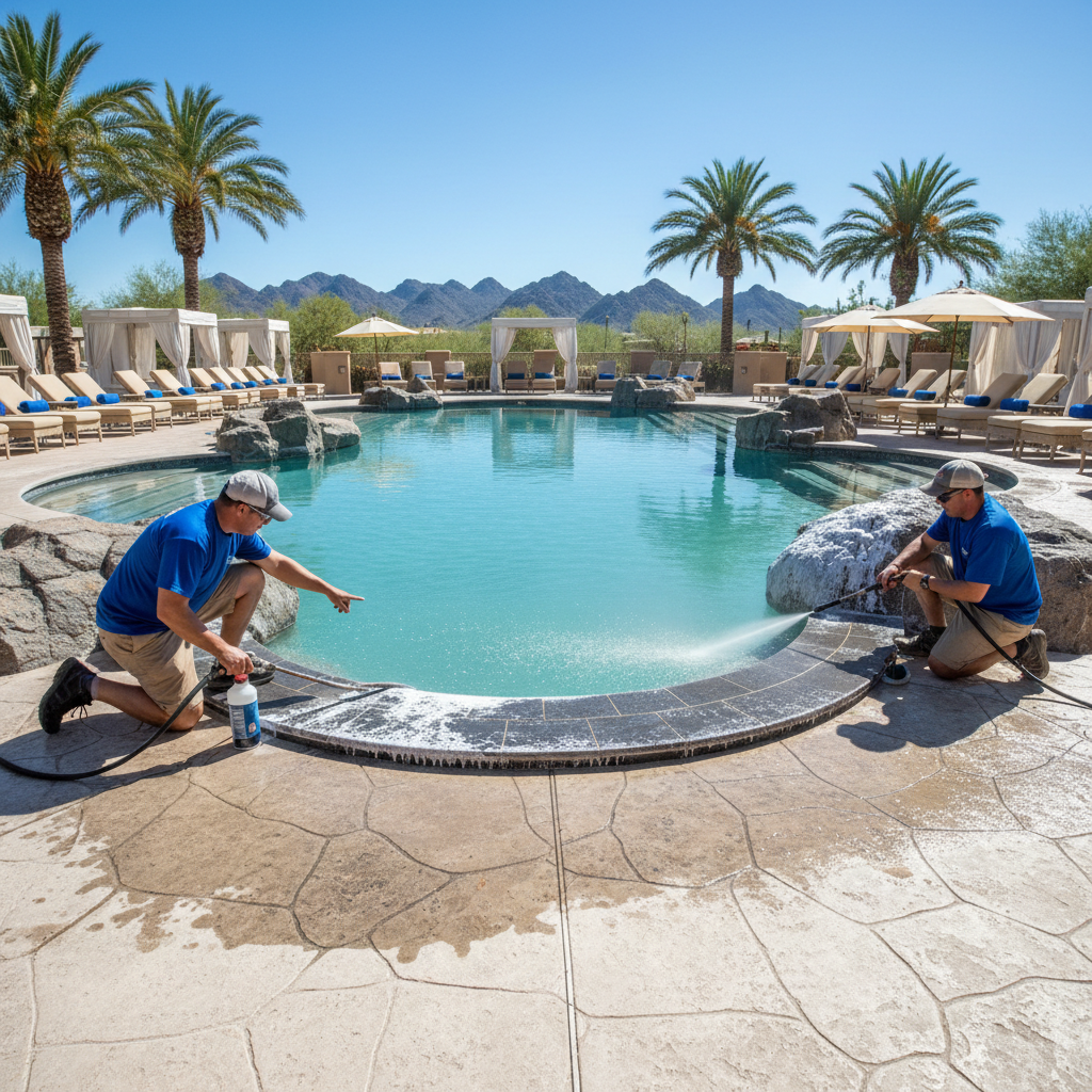 Clean swimming pool deck in Tucson Arizona backyard after pressure washing, bright desert sunshine