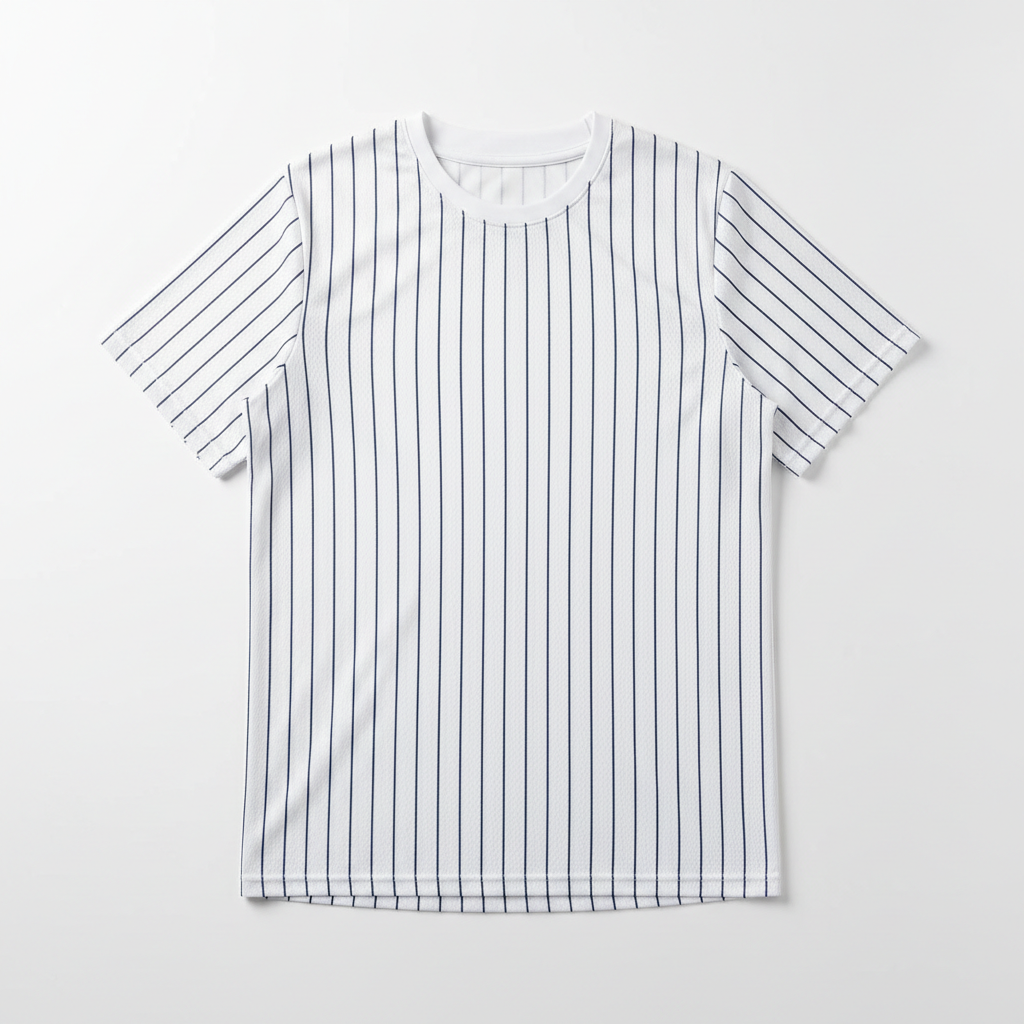 Custom baseball jersey in classic white pinstripe with team name across chest