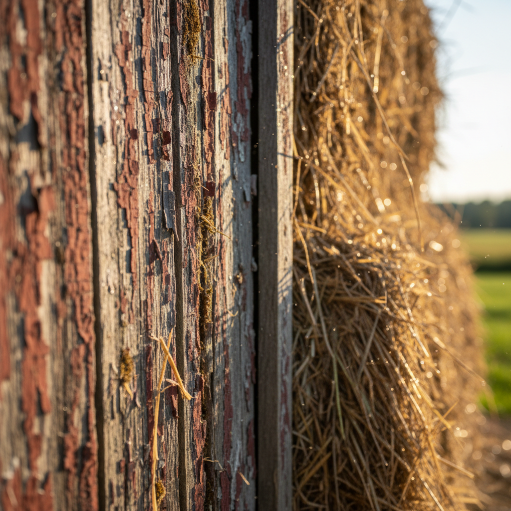 Close-up of weathered barn wood and hay bales in soft afternoon light