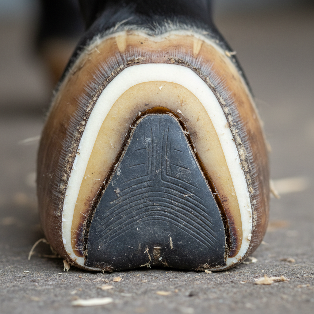 Horse hoof close-up showing well-defined wall and white line, healthy hoof structure