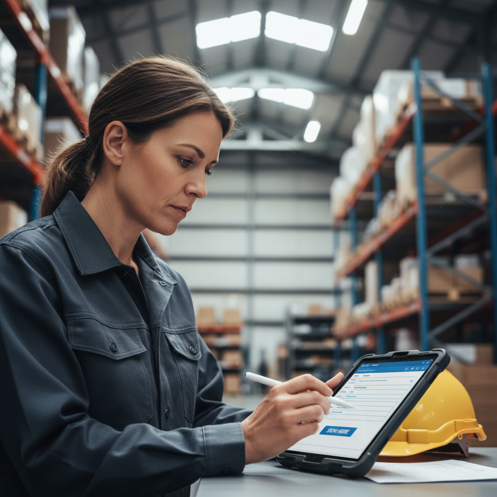 Facility manager reviewing and signing a digital quote on a tablet in a warehouse environment