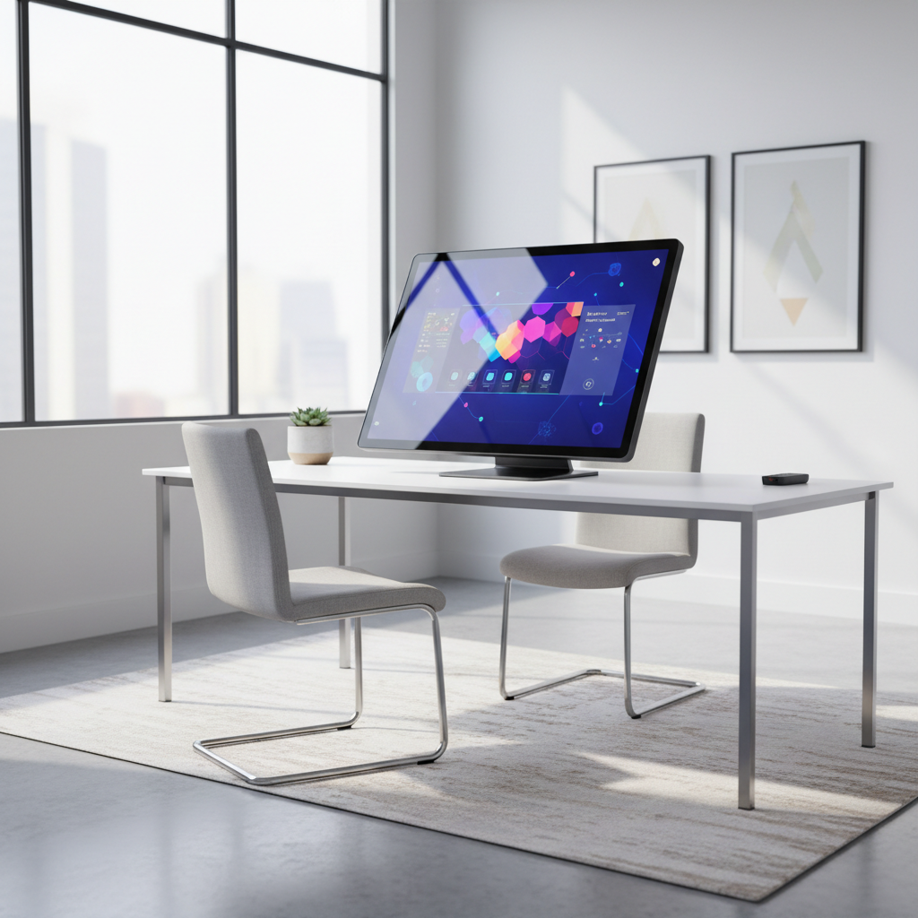 Large interactive touch panel display mounted on wall in modern classroom or conference room