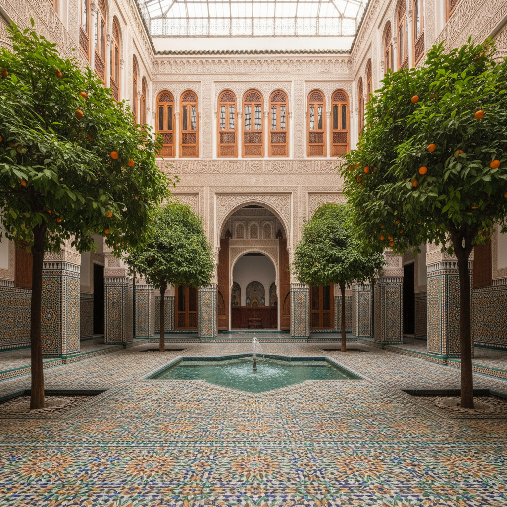 Luxury Moroccan riad courtyard — fountain at center, intricate zellige tile floor, lush orange tree, soft ambient lighting