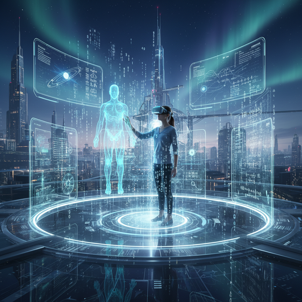 Person wearing augmented reality headset with holographic city overlay