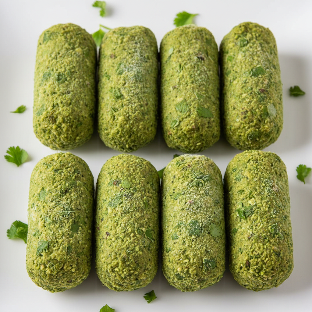Green hara bhara kababs on plate with mint chutney, dark wooden surface