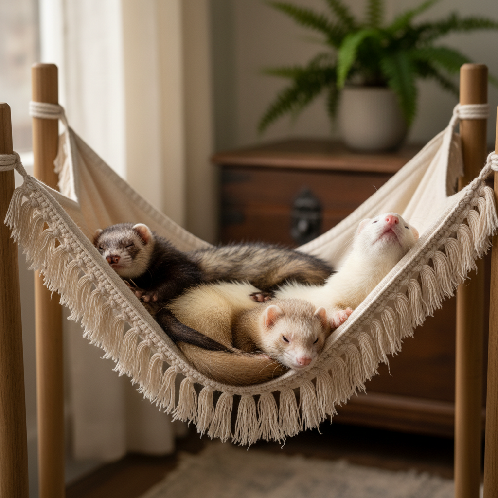 Three ferrets in a hammock, arranged like a Renaissance composition, one asleep on another
