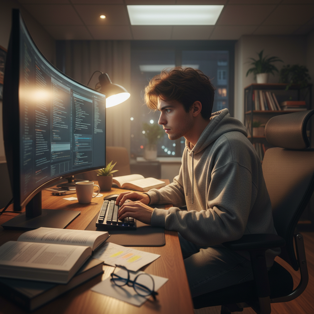 Python script on bright monitor in clean open workspace, warm window light