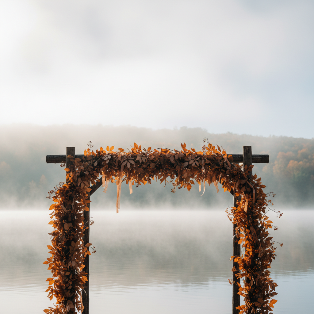 Autumn fog lifting off lake water behind a ceremony arch wrapped in copper and rust-colored leaves