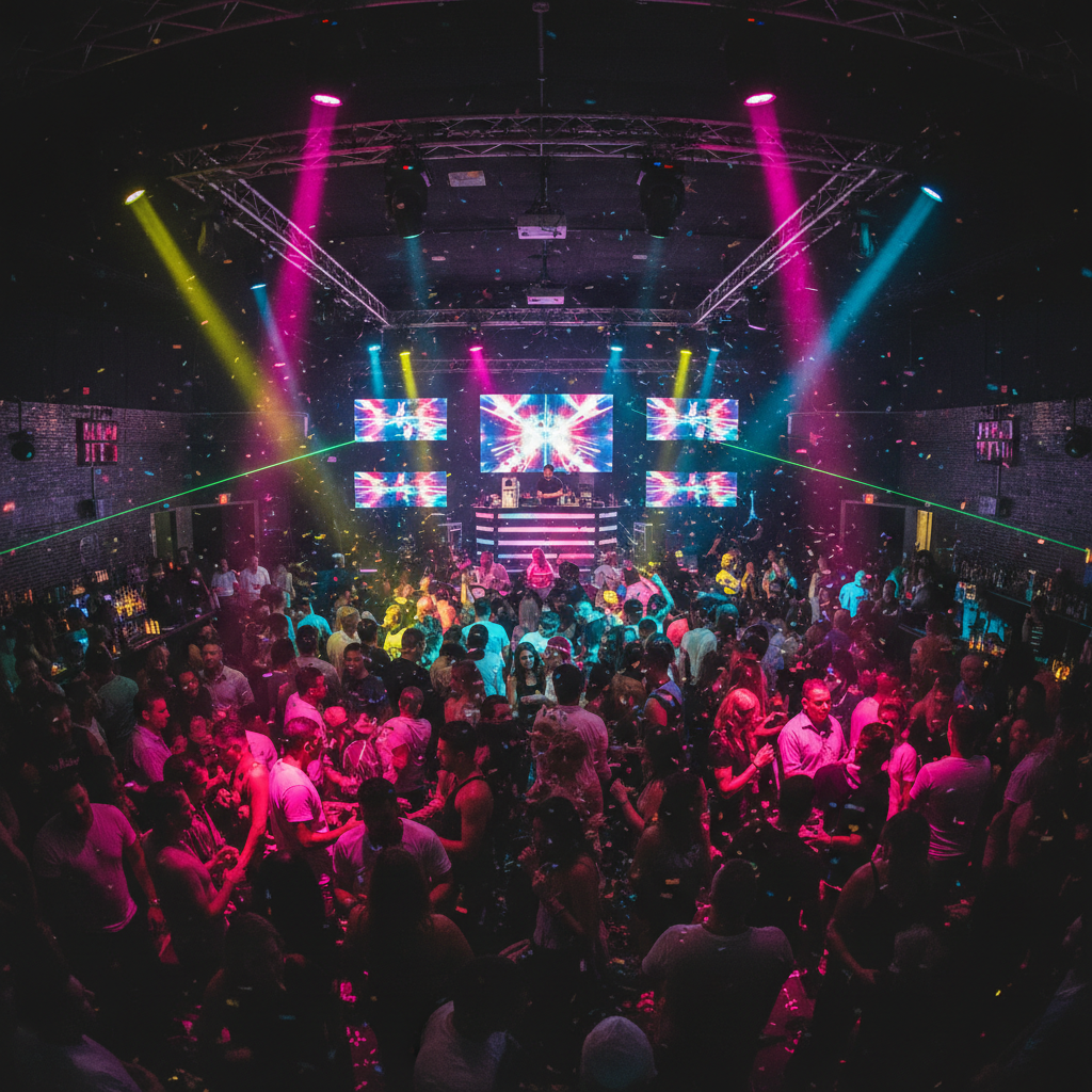 Hunters Nightclub in Wilton Manors with packed dance floor and colorful stage lighting