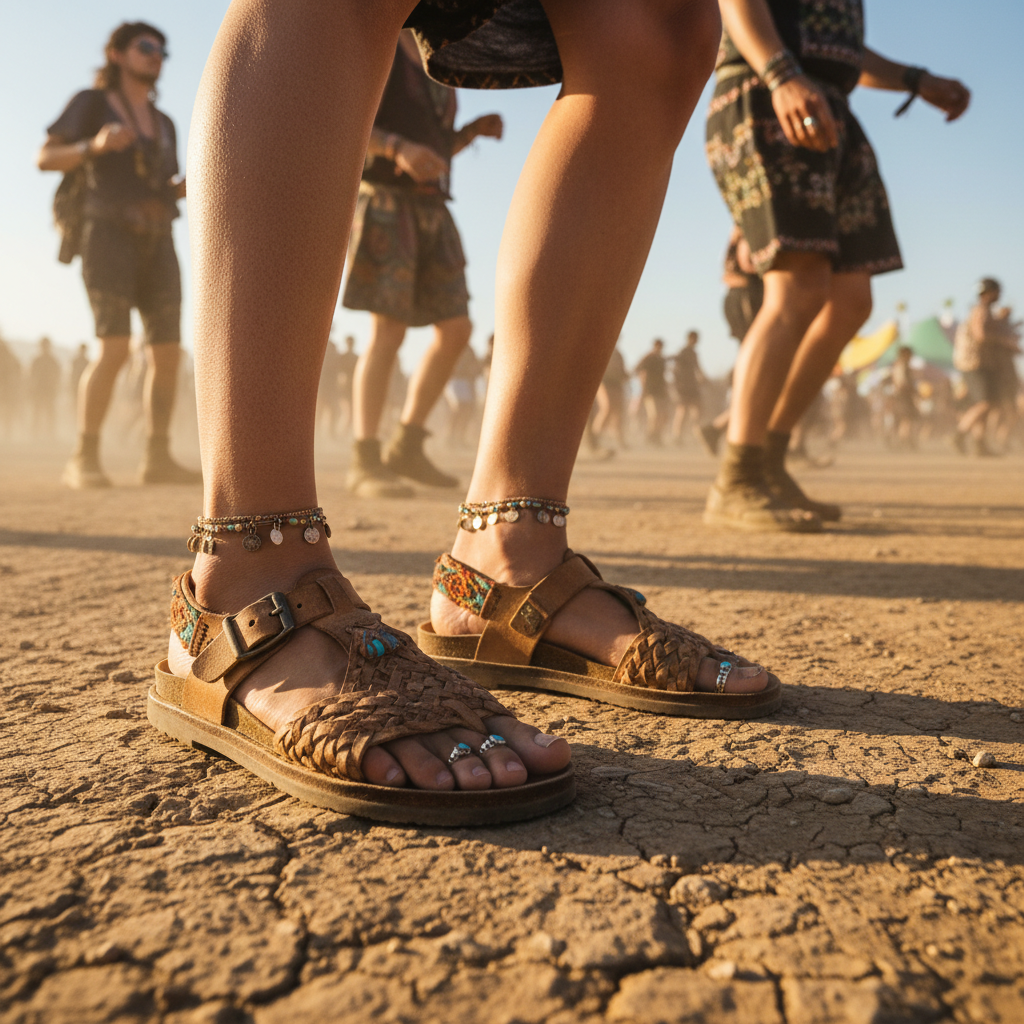 Festival-goer feet in handmade leather sandals on dusty ground, anklets and toe rings catching the light