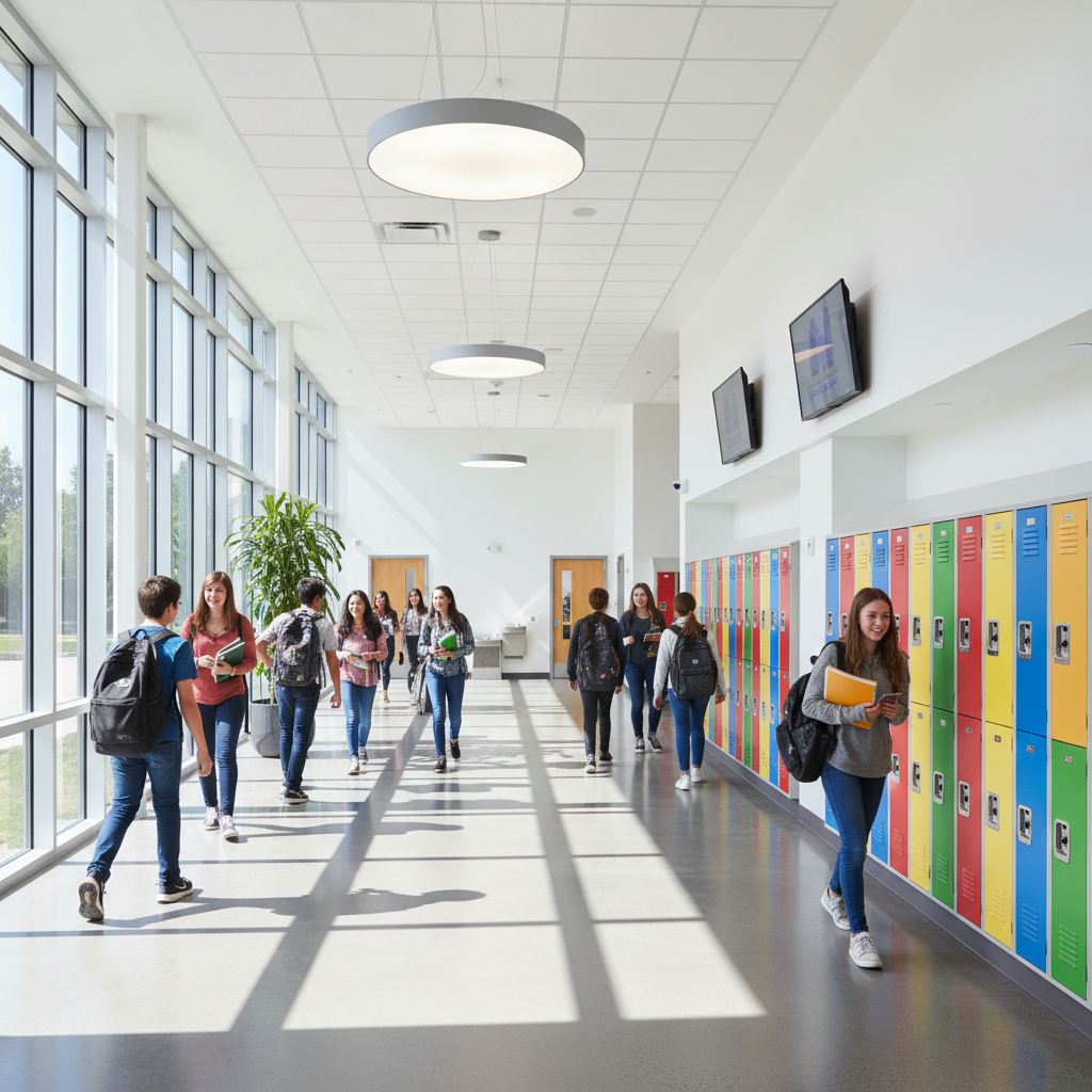 Students in a bright school hallway, well-lit institutional environment with natural light