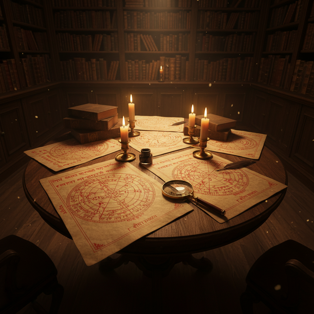 Ancient Vedic astrology charts and manuscripts with Sanskrit text in warm candlelight, dark atmospheric library setting, deep amber shadows