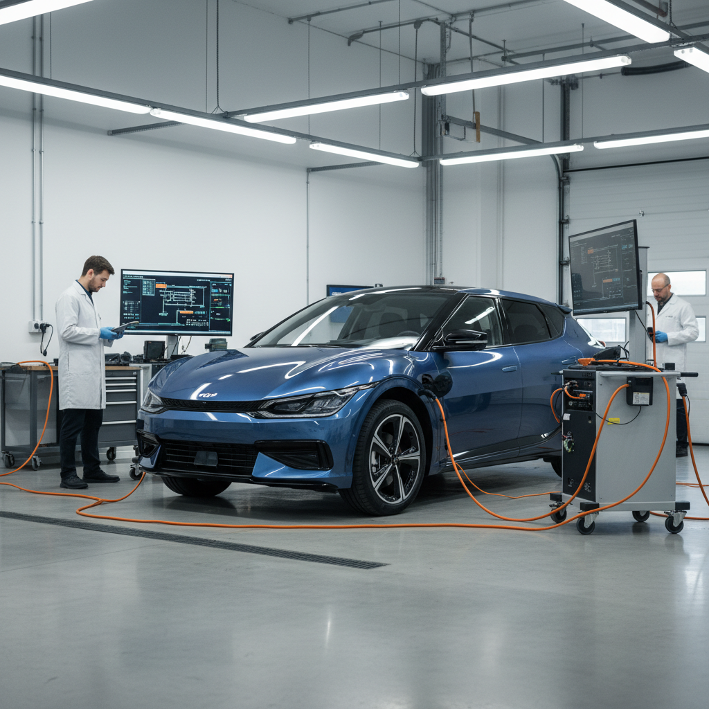 Kia EV6 connected to high-voltage diagnostic equipment in a dedicated EV service bay