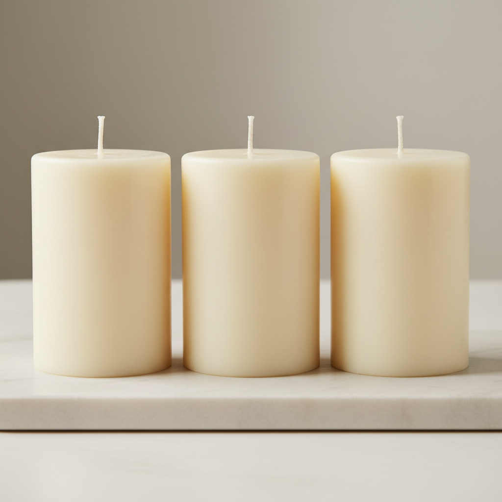 Three white scented candles in glass jars on marble surface