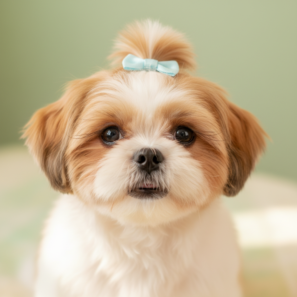 Shih Tzu with a short puppy cut showing its face and topknot after grooming