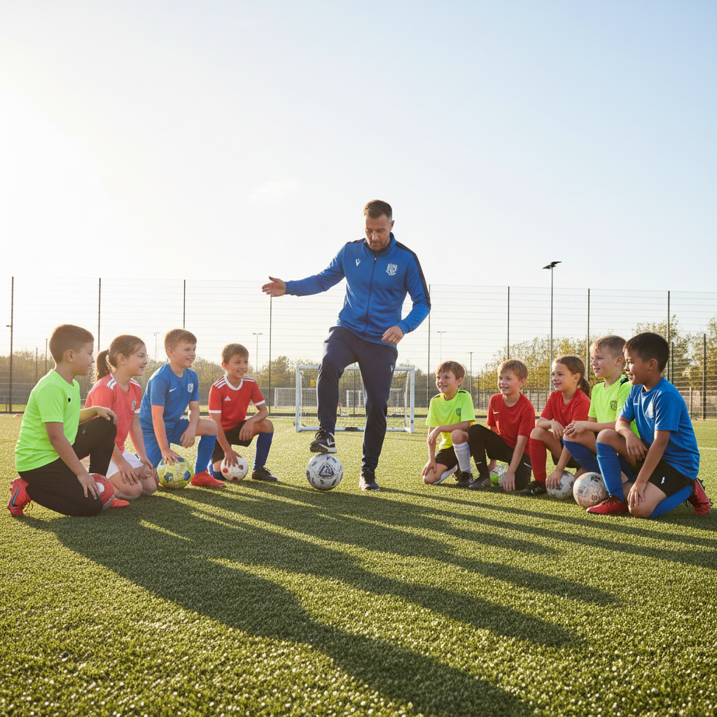 FA-licensed coach demonstrating ball technique to a group of children aged 8 to 10