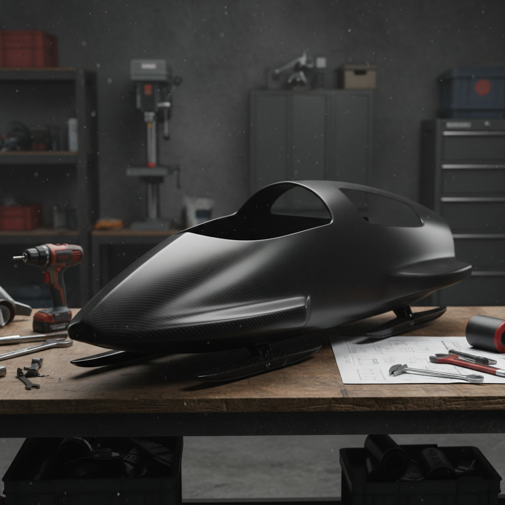 Aerodynamic carbon-fiber bobsled cowling nose cone in matte black finish, workshop lighting