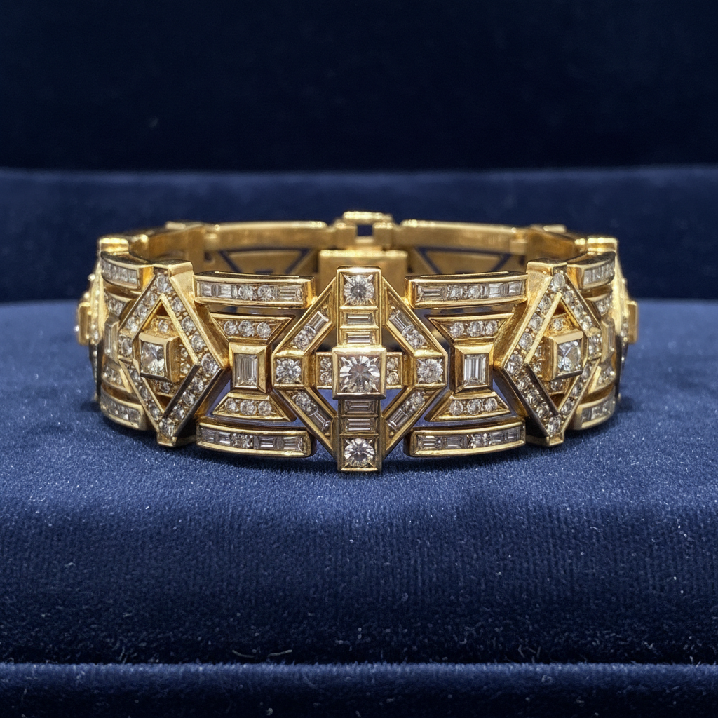 Art Deco diamond and platinum bracelet displayed on black velvet with bright focused jewelry lighting