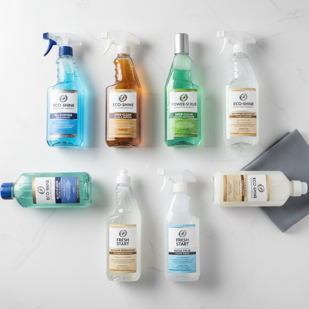 A collection of household cleaning products on a kitchen counter, various coloured bottles