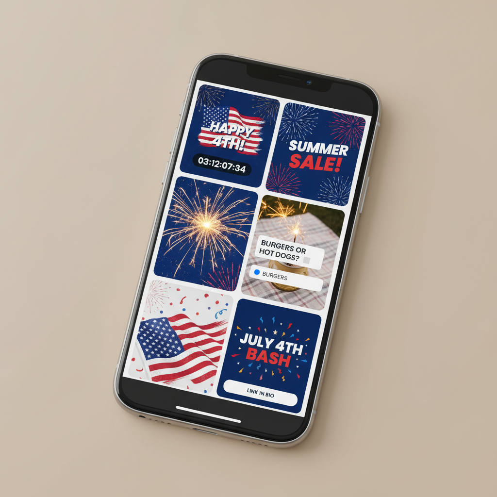 Smartphone showing Instagram story templates with July 4th patriotic theme including countdown timers and sale announcement designs