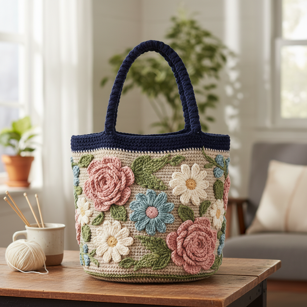Small handmade crochet tote bag in natural cotton yarn, structured and elegant