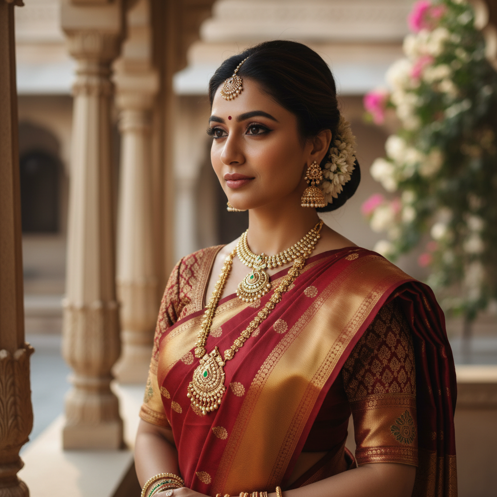 South Asian woman in elegant evening wear, professional studio portrait, warm tones