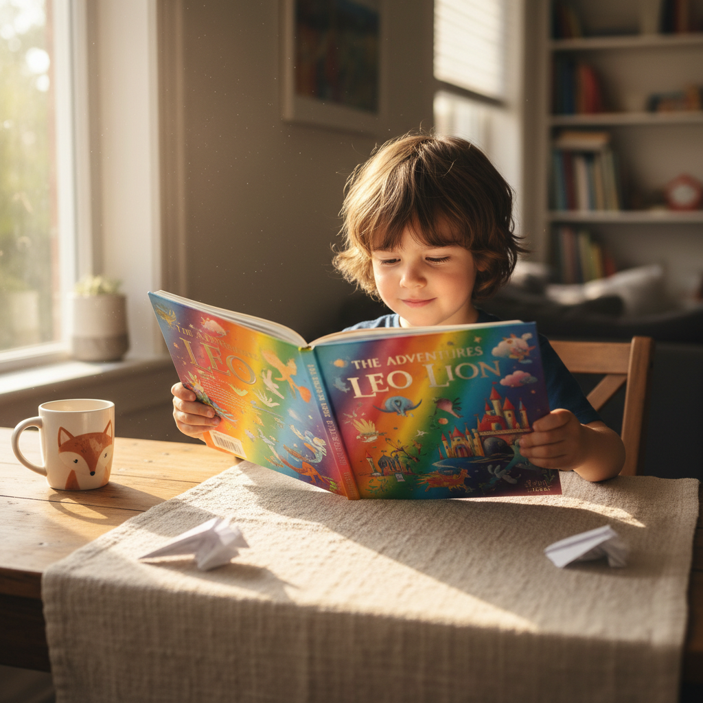 Child reading a colorful book at a dining table, completely absorbed in the story