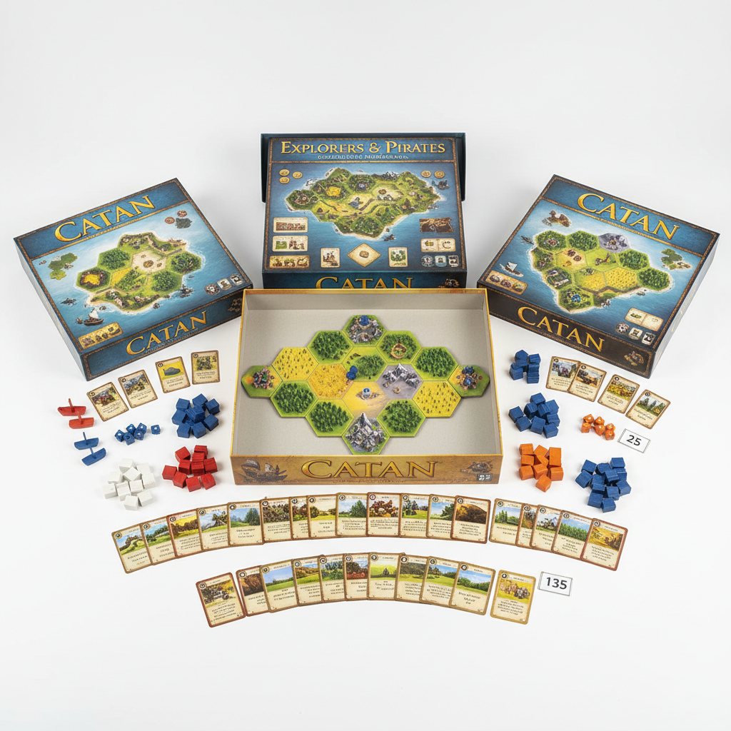 Settlers of Catan base game with three expansion sets, all cards counted and complete