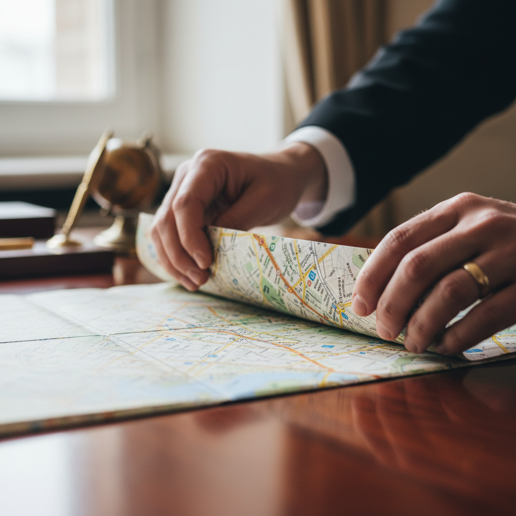 Concierge's hands carefully folding a city map on a polished mahogany desk