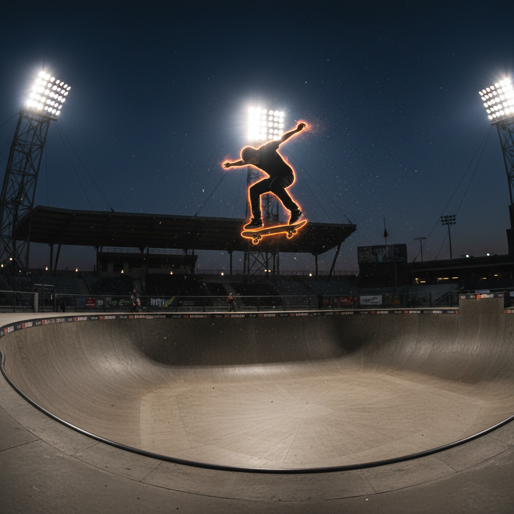 Skater silhouetted against stadium lights mid-heelflip above a halfpipe, edges traced with plasma-orange glow