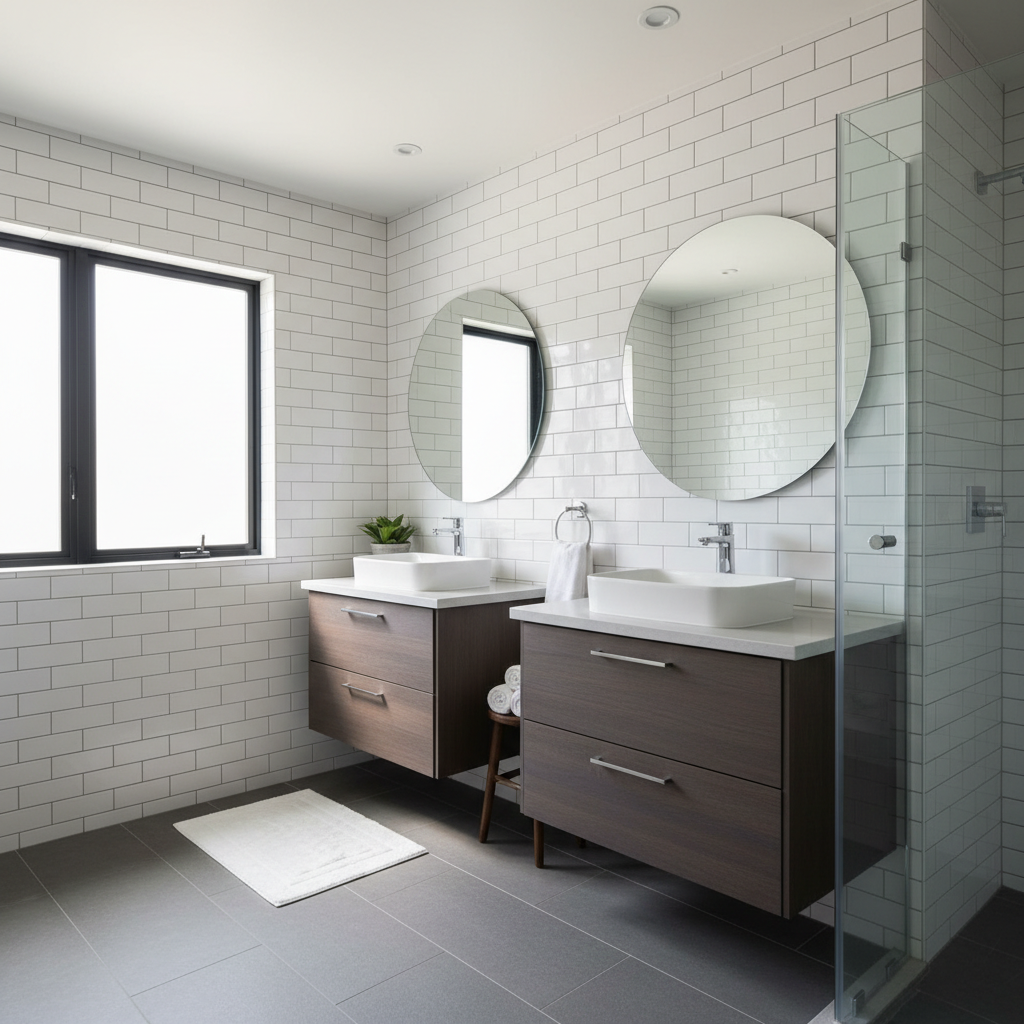 Bathroom with subway tile, double vanity and modern fixtures in a new manufactured home