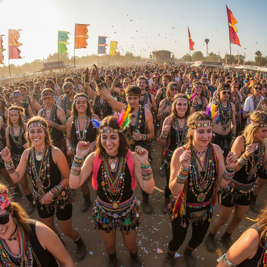 Festival crowd with colorful layered jewelry and accessories