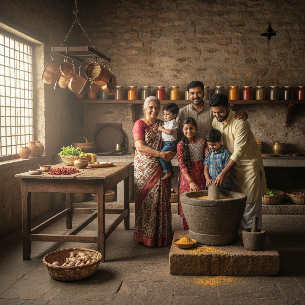 Traditional Indian family kitchen with stone grinding mill, warm golden afternoon light, rustic clay pots and spices