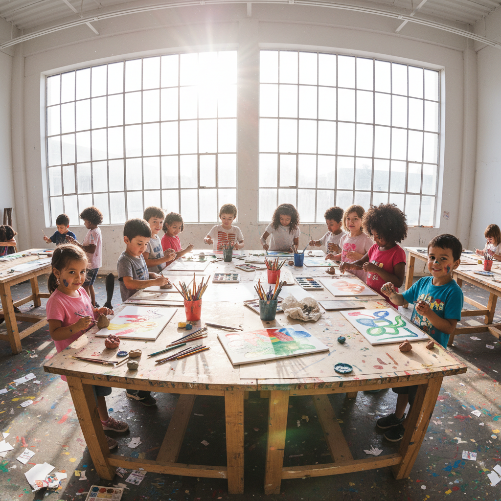 Niños en taller creativo pintando y aprendiendo