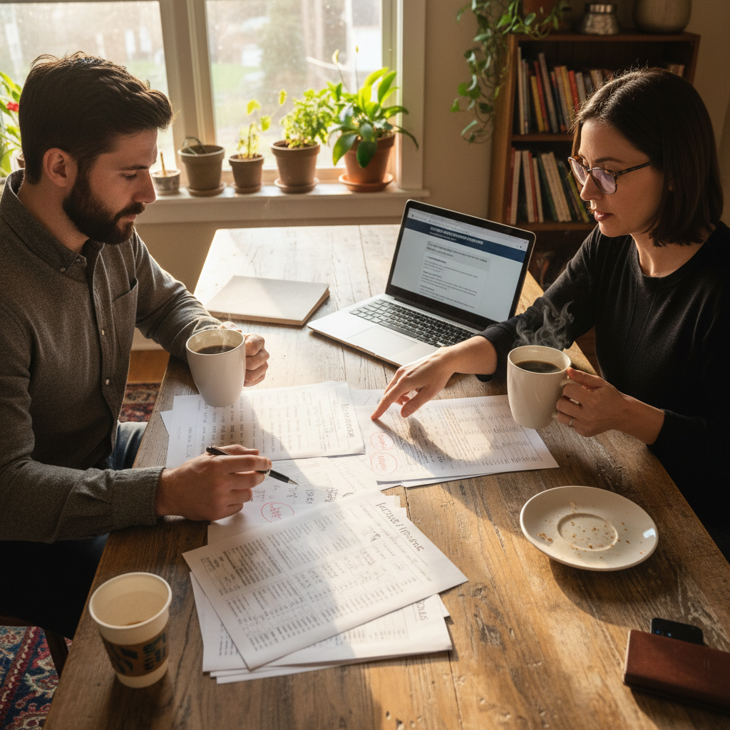 Two people reviewing a document together at a desk with focused expressions