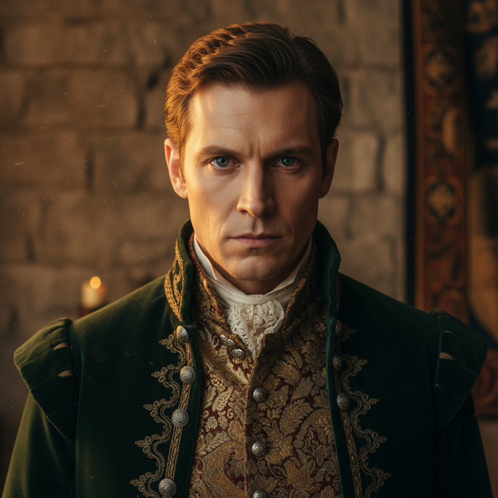 Actor as Viktor Mahl — sharp cheekbones, cold eyes, period wardrobe in warm amber light