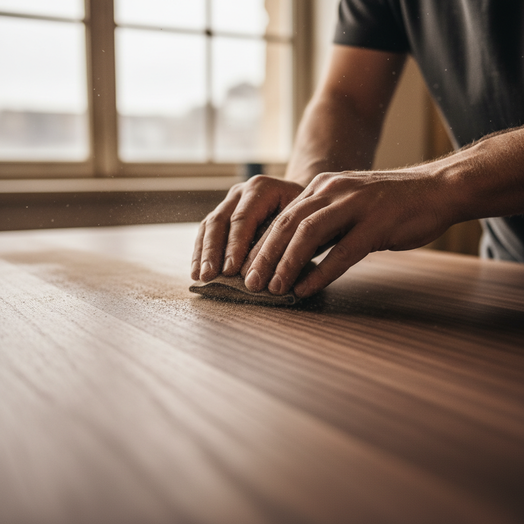Luxury furniture workshop with craftsman hand-finishing a solid walnut dining table under warm spotlights