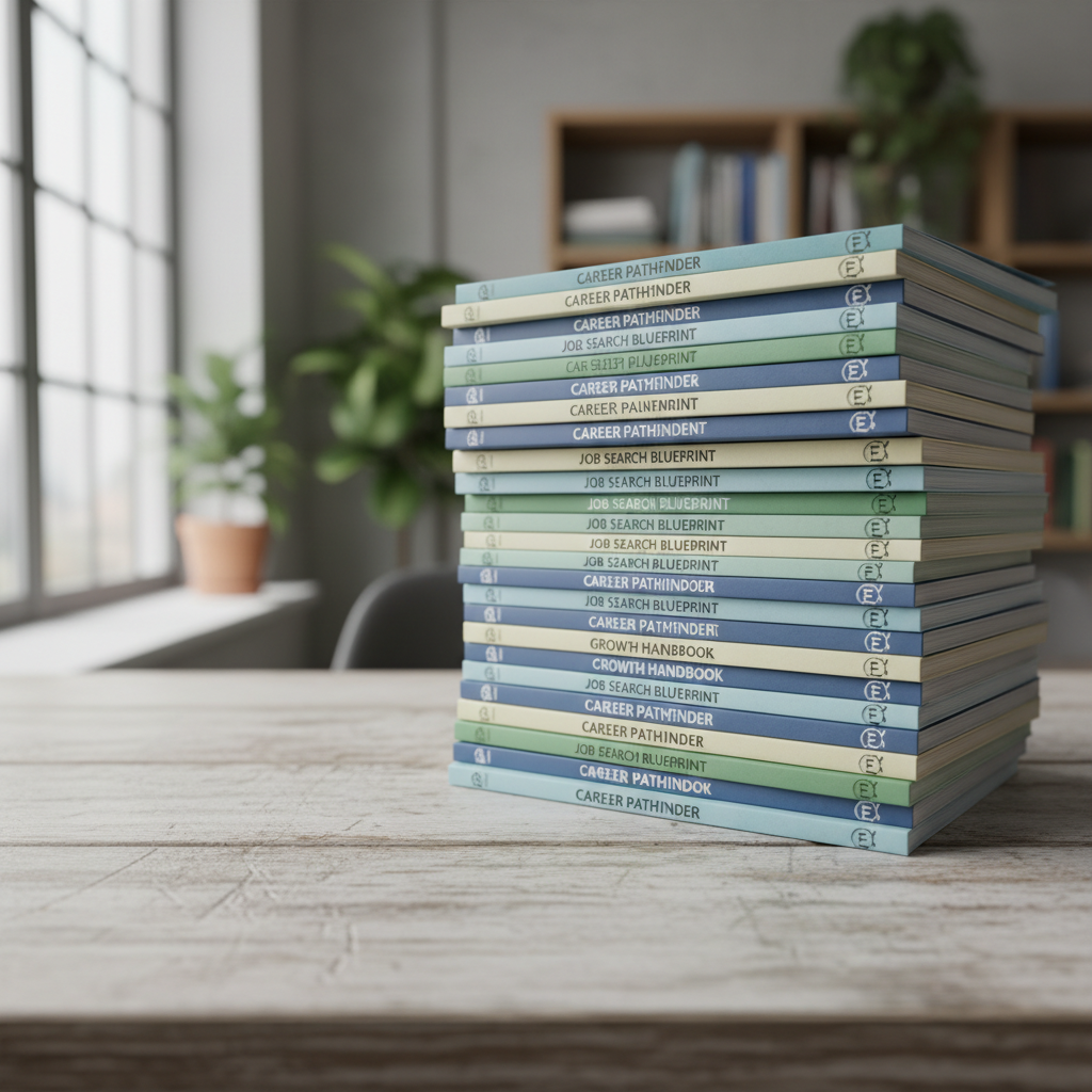 Stack of printed employment guides on a wooden table in a community center