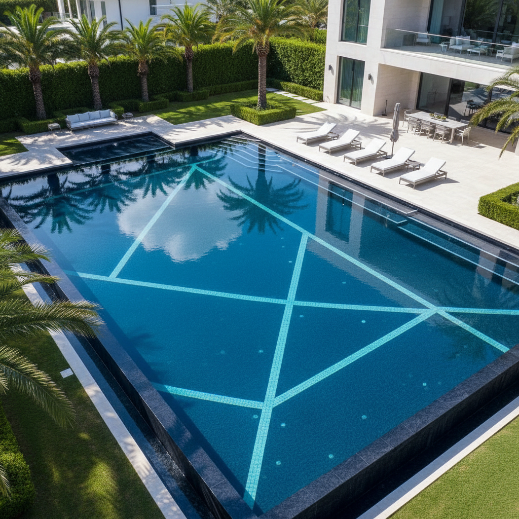 Luxury estate pool with geometric design and pristine water viewed from above at a River Oaks Houston property