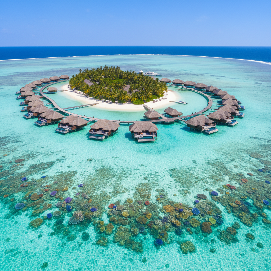 Exclusive private island resort with overwater villas and turquoise lagoon