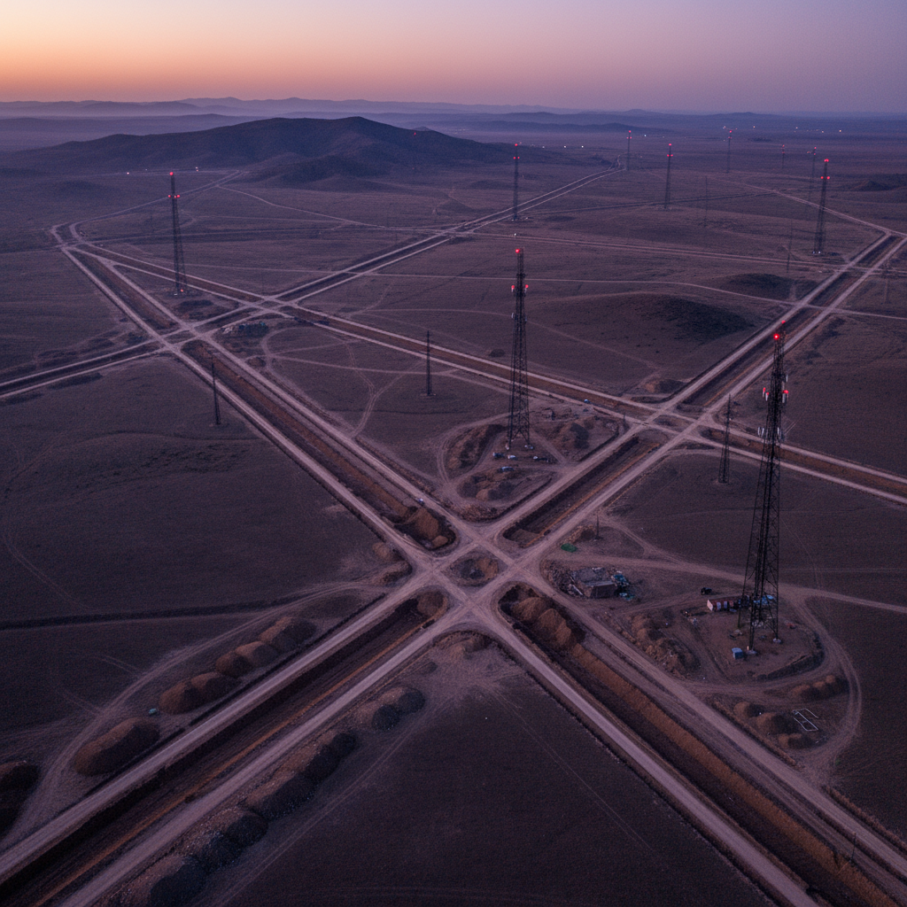 Aerial view of cell towers and fiber trenches cutting through landscape at dusk, violet hour light
