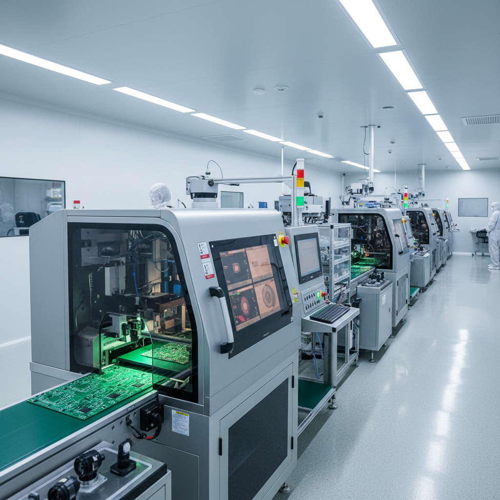 SMT assembly line with automated optical inspection equipment in a cleanroom environment
