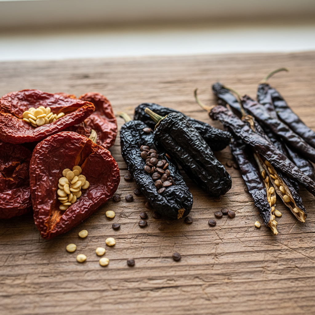 Three varieties of dried chiles — ancho, mulato, pasilla — arranged on rustic wooden surface with seeds visible