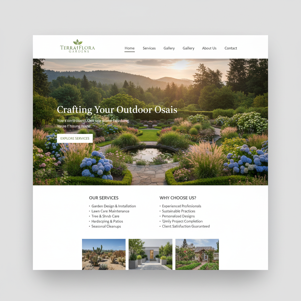 Landscaping services website featuring vibrant green design with before-after project galleries and service packages