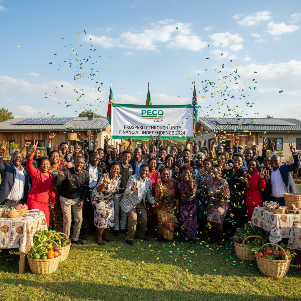 Black South African community gathering, people in discussion, bright daylight, vibrant township community atmosphere