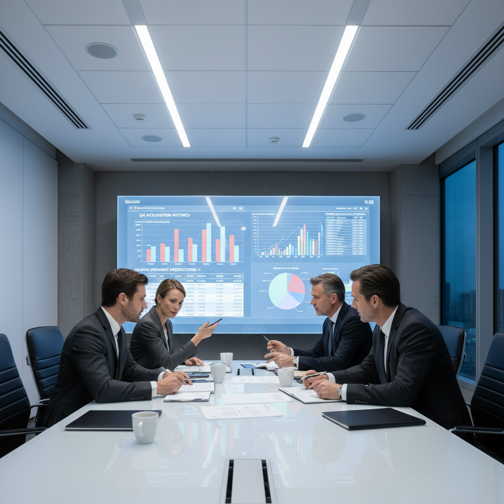 Corporate finance team reviewing transaction documents and financial models