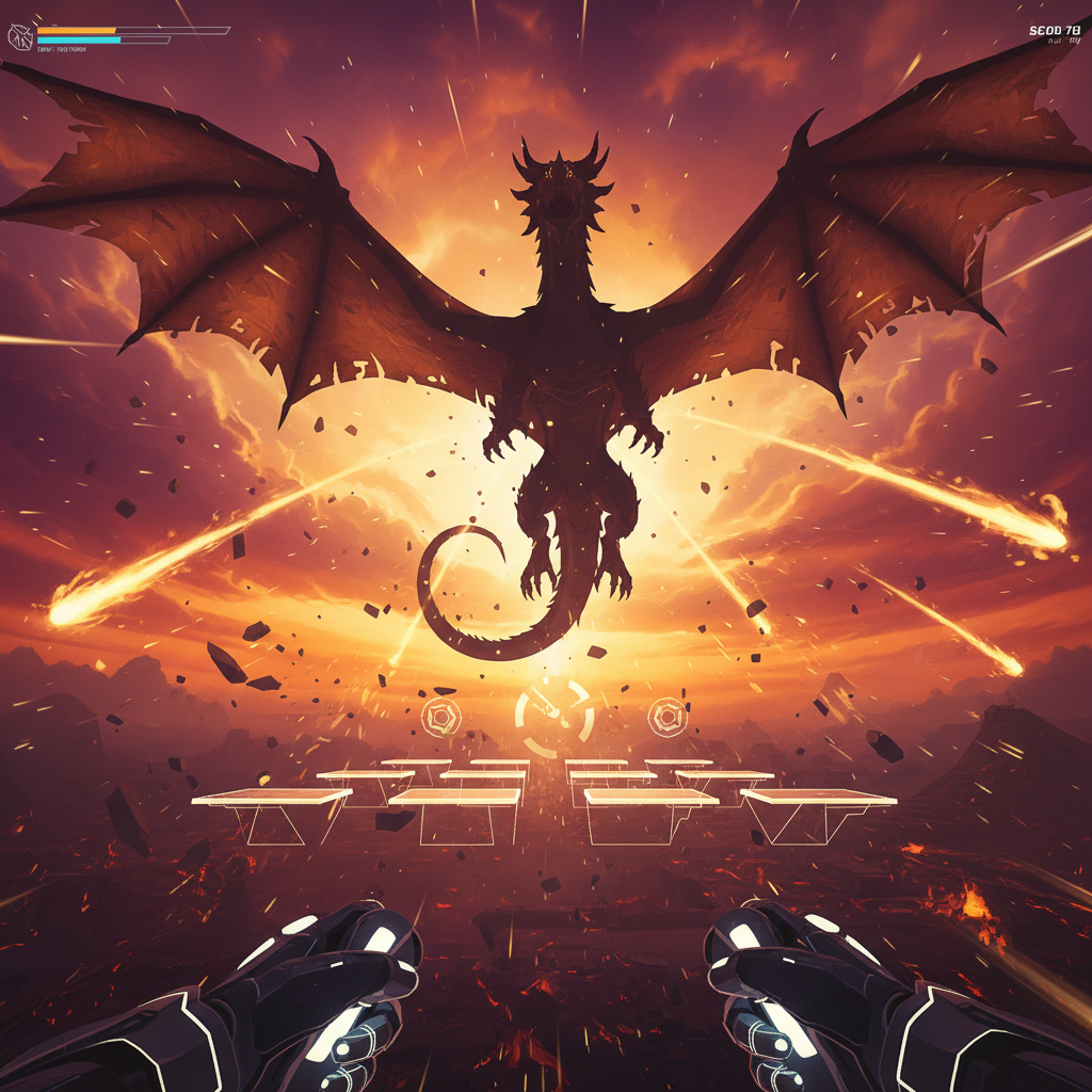 Dramatic dragon silhouette against a fiery sky in a VR game environment