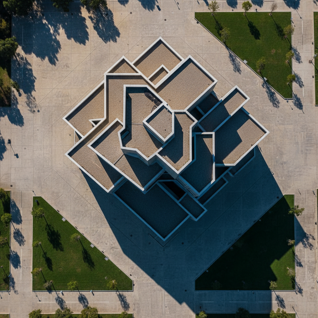 Aerial view of geometric concrete civic building with shadow patterns across plaza