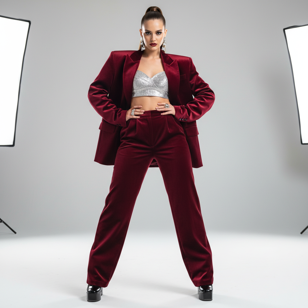 Female photographer with confident expression in a dark moody studio with dramatic single source lighting